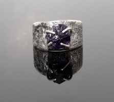 Reticulated silver ring with a natural rough amethyst crystal